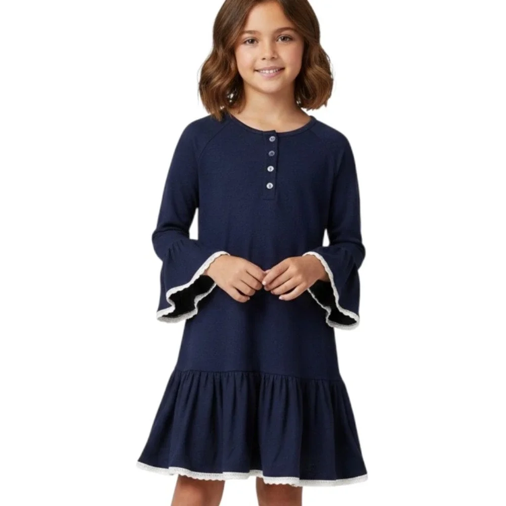 PETITE PLUME Arabella Nightgown Gown NAVY BLUE FLANNEL White Lace Trim GIRLS 14